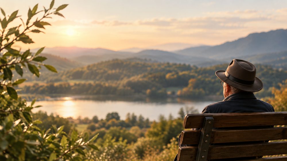 An older man in a hat sitting on a wooden bench, looking out over a calm lake at sunset